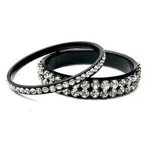 Clear Rhinestones on Gunmetal Bangle Set — 1980s Goth Rock Style  — Size 8 — EUC